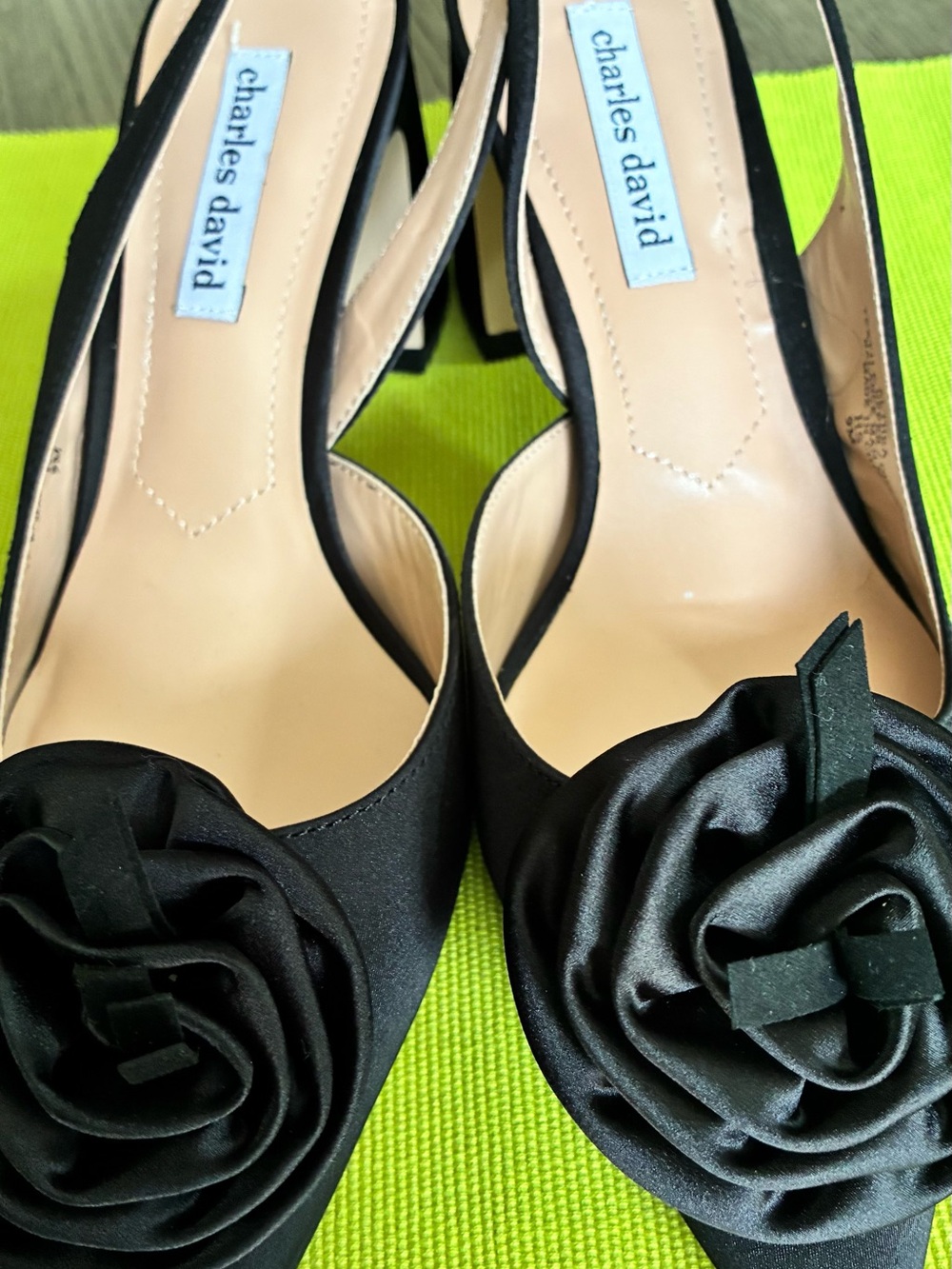 Charles David Black Satin Peep-Toe Heels with Rosette
